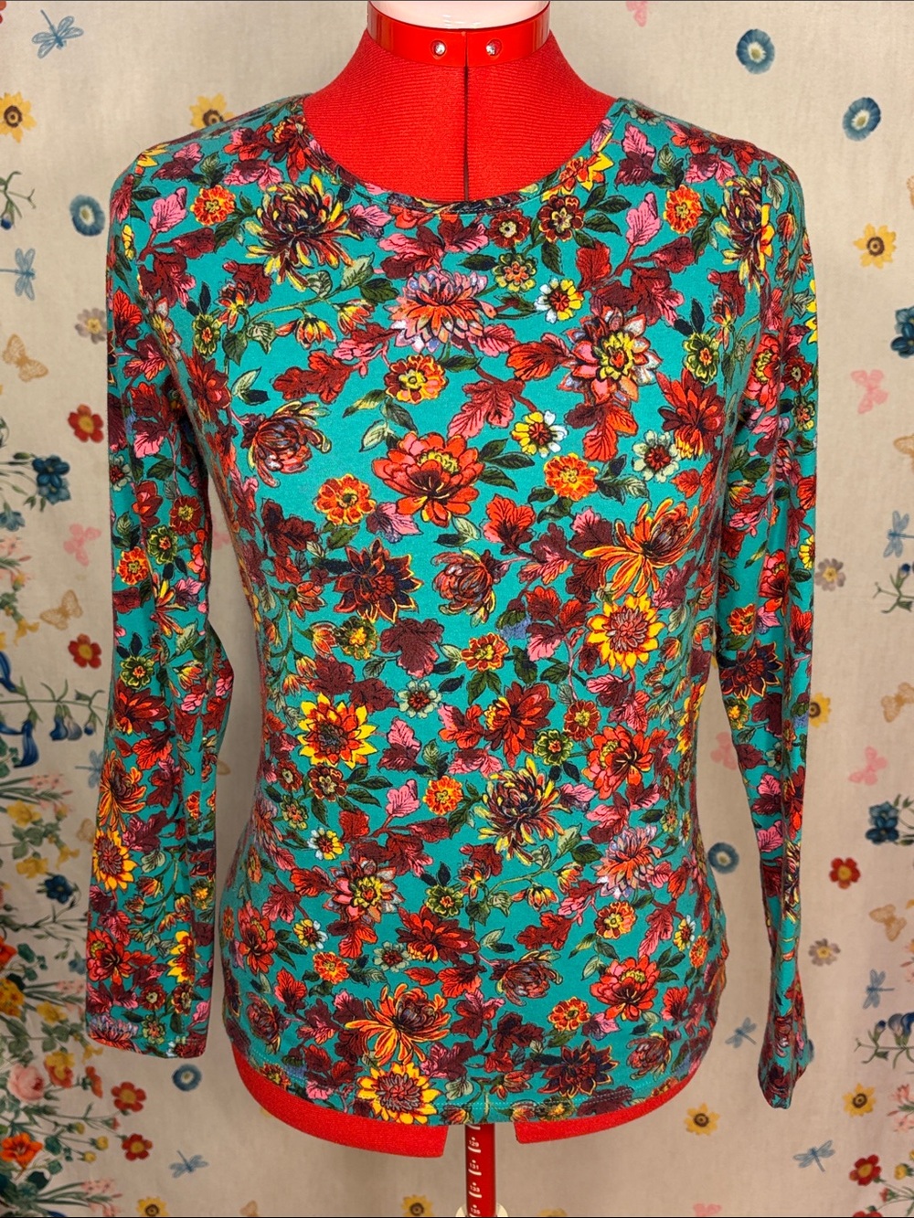 Talbots - Turquoise Floral Long-Sleeve Crewneck Top Soft Casual Botanical